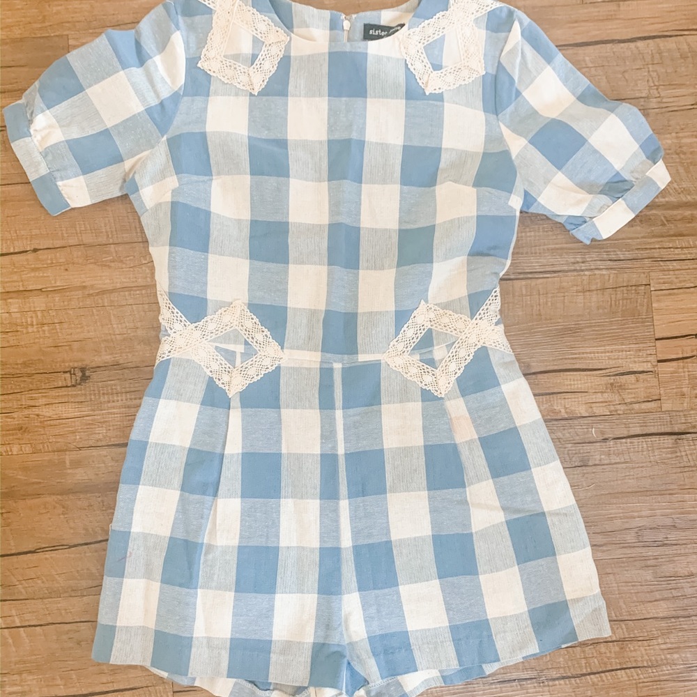 SISTER JANE Blue White Gingham Romper NWT